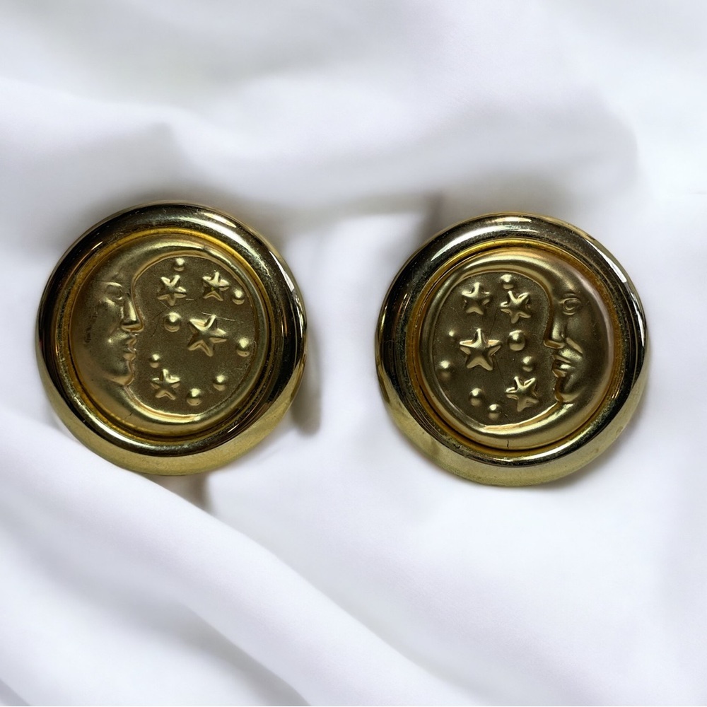 Vintage 80s/90s Gold Celestial Moon Stars Clip-On Earrings, Boho Whimsical Fairy